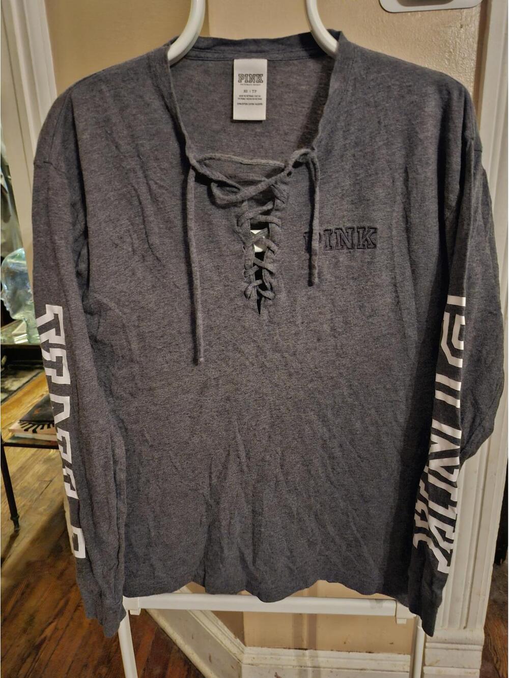 Victoria’s Secret Pink Logo Campus Lace up XS Long Sleeve T-shirt -Dark Gray-EUC